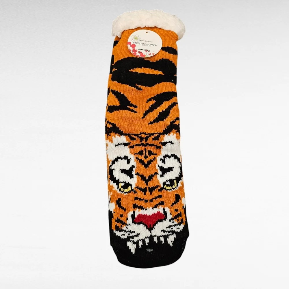 Tiger Sherpa Lined Slipper Socks Non Skid One Size
